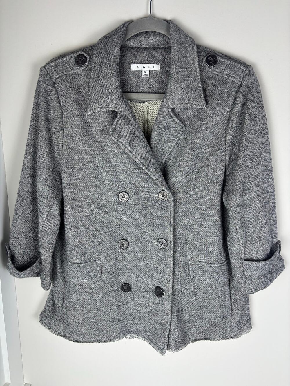 CAbi 393 Shrunken Peacoat XL Gray Sweatshirt Knit Jacket Anchor Button